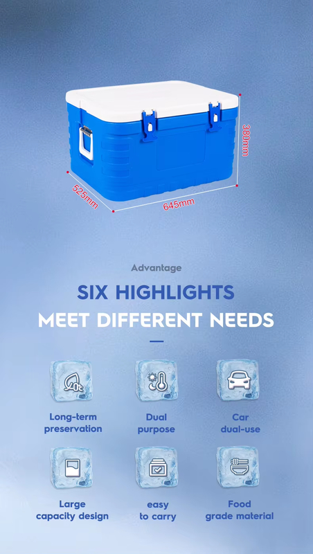 FS-85L Blue Ice Cooler Box with Hinged Lid for Cold Chain Storage and Transportation