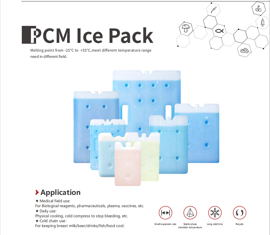 Non-Toxic PCM Ice Packs with 15-25C and -15 to -25C Temperature Range in Various Sizes