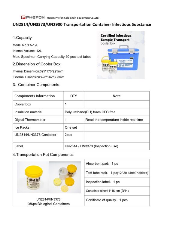 UN2814 Cooler Box Biological Sample Shipping Container Dengan Waktu Dingin 24 Jam 2°C hingga +8°C Rentang Suhu