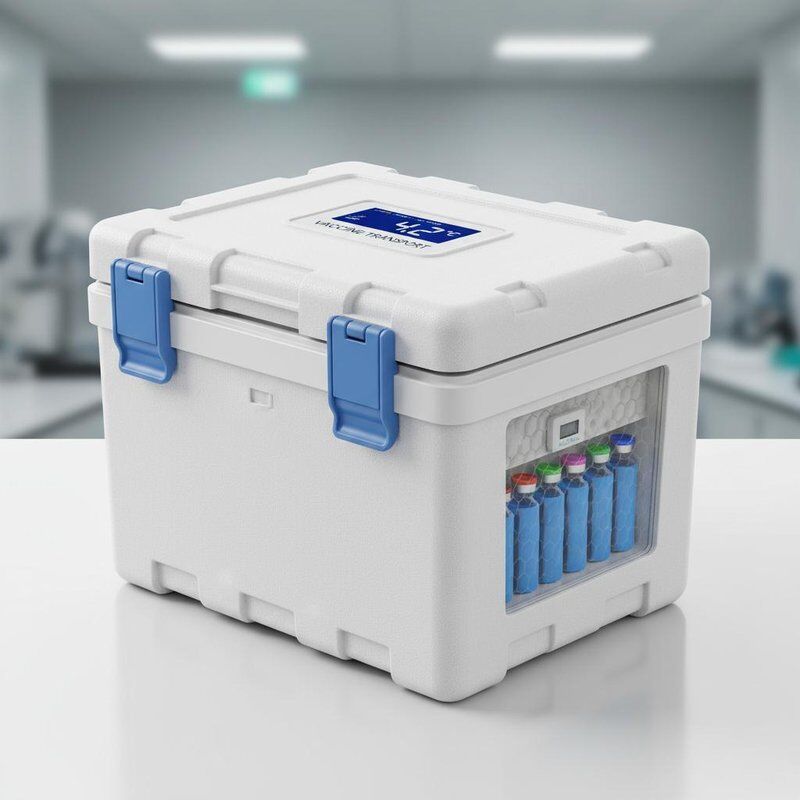 Refroidisseur de transport de vaccins de 52 x 52 x 32 cm, conçu avec une isolation en mousse de polyuréthane pour protéger l'intégrité des vaccins pendant le transport.