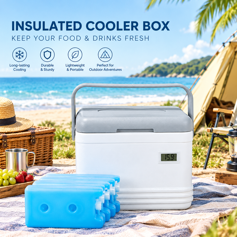 Lightweight Compact Insulated Cooler Box, Portable Injection Molded Ice Chest, Slim Small Cooler with Carry Handle, Great Ice Retention, Airtight Lid for Camping, Picnic, Beach, Hiking, Day Trip, Drin